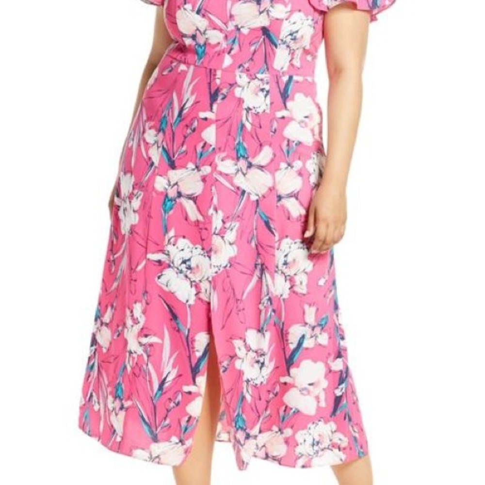 Leith Pink and White Tiered Maxi Dress with Puff Sleeves